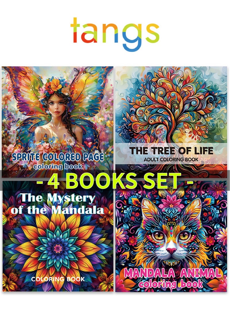 tangs Cute & Comfy Doodle Watercolor Coloring Book Set (4 Books, 24 Pages Each) – Butterfly Fairy, The Tree of Life, The Mystery of Mandala, Mandala Animal – Thick Paper, Single-Sided Pages, Creative Art Gift for Adults & Kids - Image 1